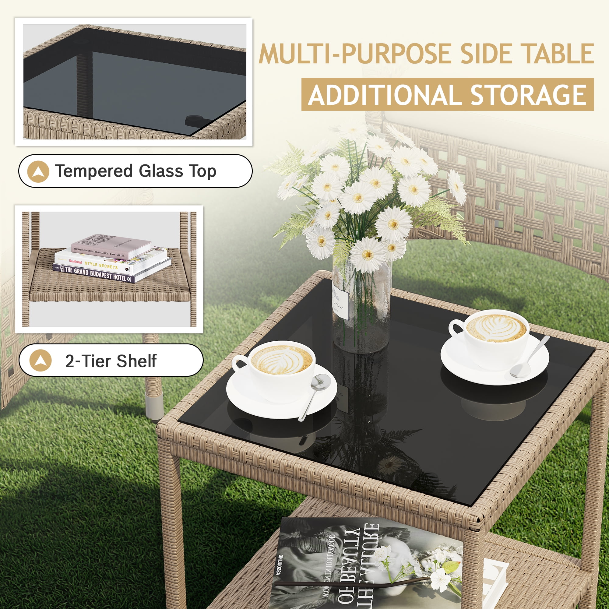 Lacoo 3 Pieces Patio Furniture PE Rattan Wicker Table and Outdoor Chairs Set of 2 with Cushioned Tempered Glass, Gray
