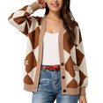 thumbnail image 3 of Women Y2k Cardigan Sweaters Argyle Long Sleeve Open Front Knitted Sweaters (Khaki XL), 3 of 6