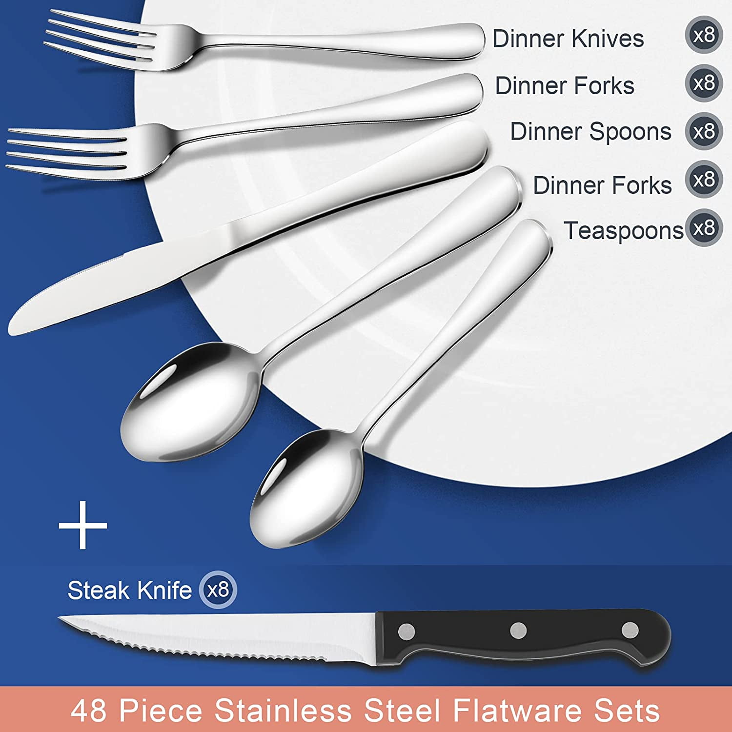 EUIRIO 48-Piece Silverware Set with Steak Knives, Black Flatware Set for 8,  Stainless Steel Cutlery Set, Knives and Forks and Spoons Sets,Unique