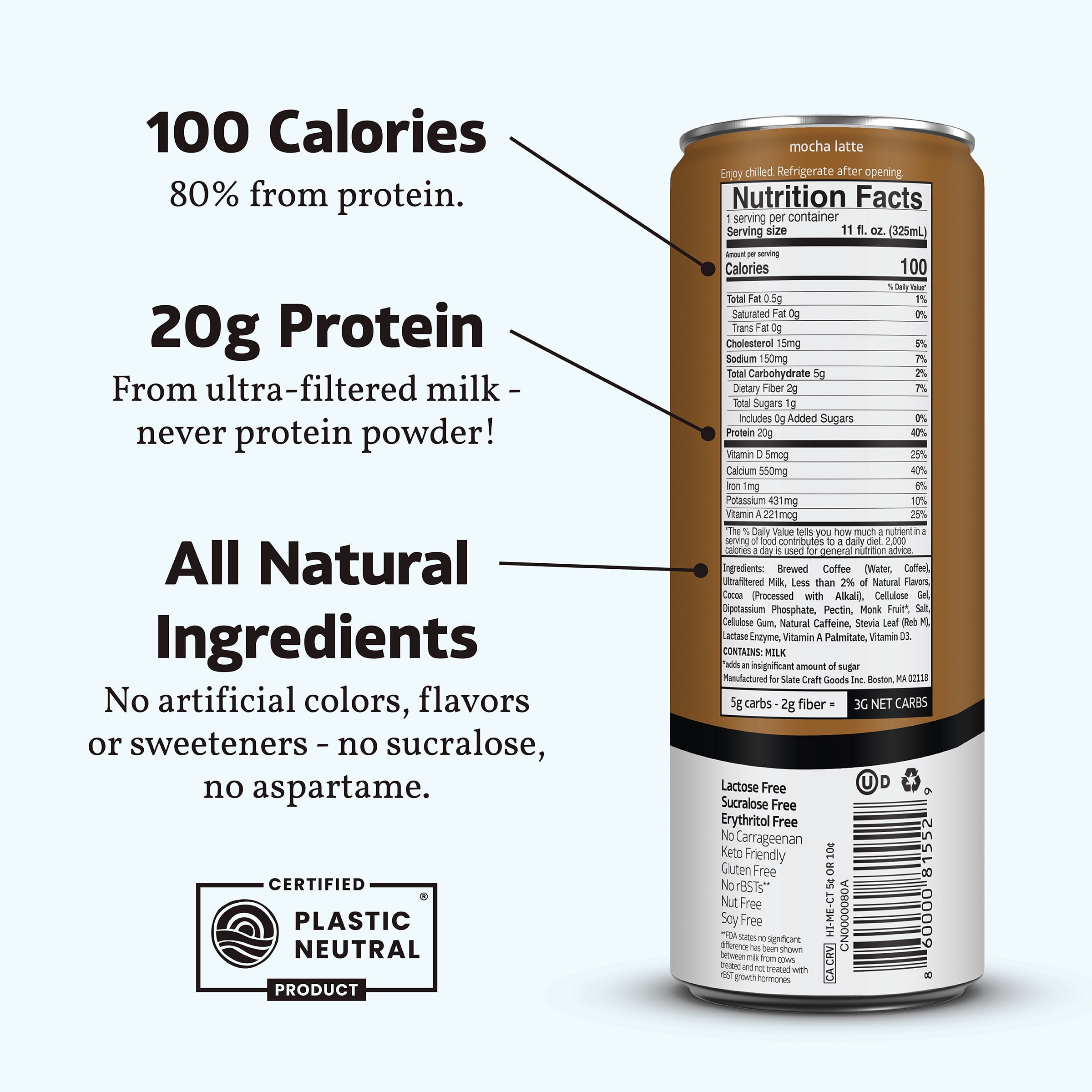 (12 pack) Slate Milk Mocha Latte, High Protein Iced Coffee, 20g Protein, 11 fl oz can, Ready to Drink