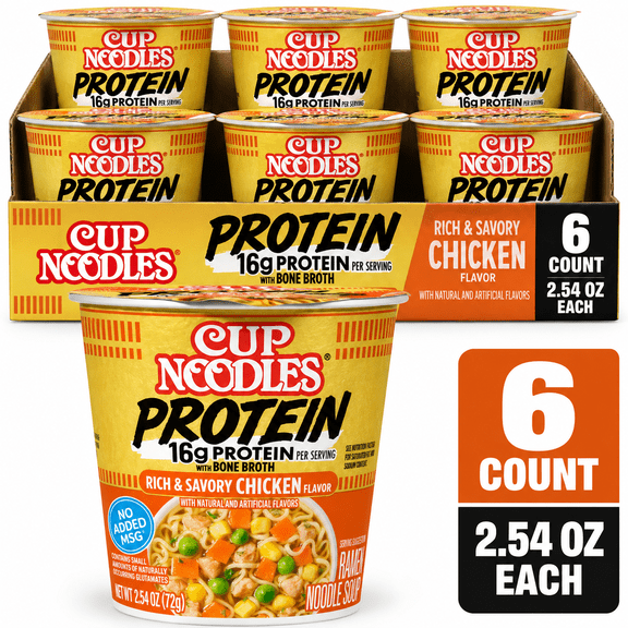Nissin Cup Noodles Protein Rich & Savory Chicken Ramen Noodle Soup, 2.54 oz, 6 Count