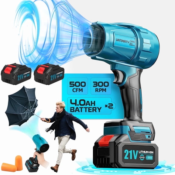 UNTIMATY 500 CFM Cordless Leaf Blower for Lawn Care 300K RPM Battery Leaf Blower Leaf Blower with 2 x 4.0Ah Battery, Charger, Stepless Speed Adjustment,No Tube