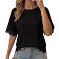 thumbnail image 3 of Women's Oversized Crew Neck Short Sleeve T Shirt, Lace Patchwork Detail with Relaxed Loose Fit, for Summer Casual Daily Wear or Street Style Outfits Black, 3 of 6
