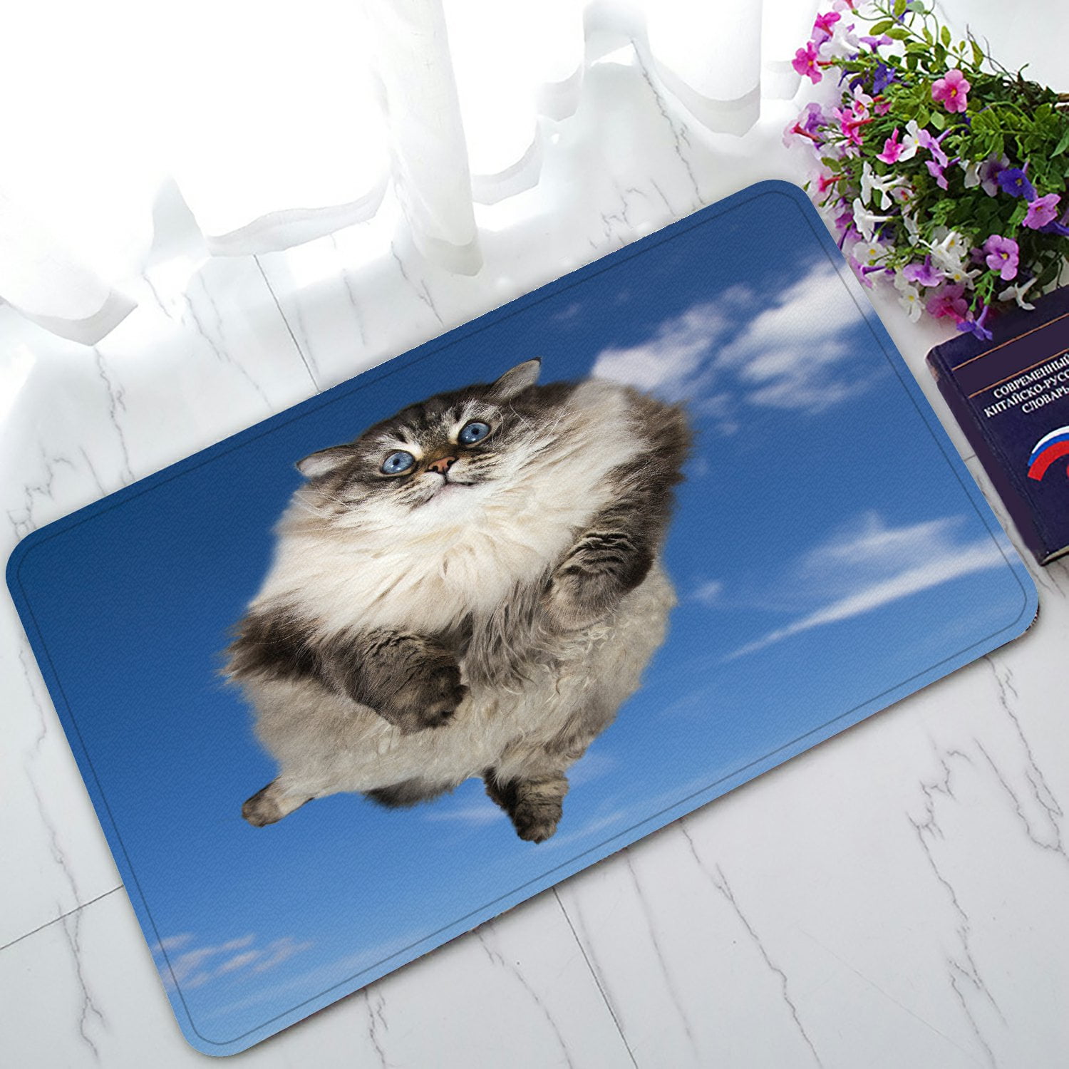 PHFZK Animal Kitten Doormat, Funny Cat Flying in the Clouds Blue Sky ...
