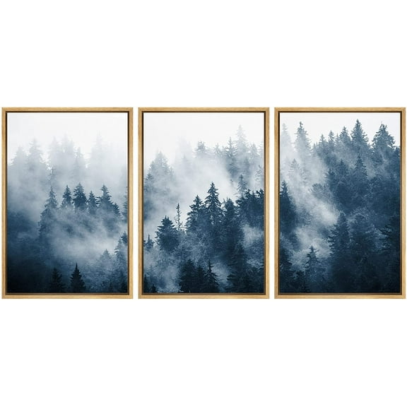 wall26 Framed Wall Art Print Set Mist Over The Blue Pine Forest Nature Wilderness Photography Modern Art Rustic Scenic Colorful Duotone for Living Room, Bedroom, Office - 24"x36"x3 Natural