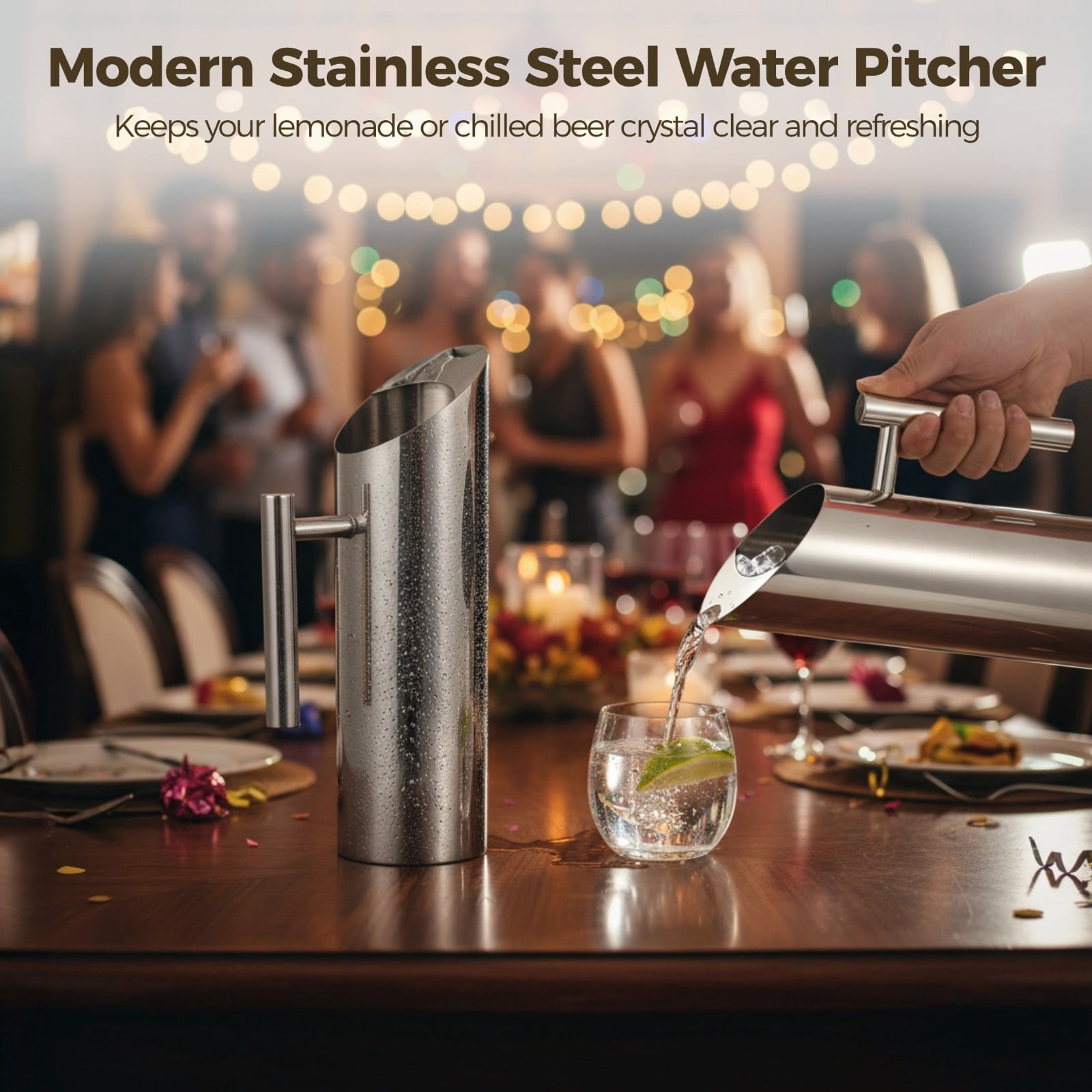 3 PCS Stainless Steel Water Pitcher, 50 oz Steel Carafe with Ice Guard, 1.5 L Modern Drink Jug with Handle for Serving Iced Tea, Juice, Coffee, Beer, Wine, Stylish Metal Water Jug for Home, Bar
