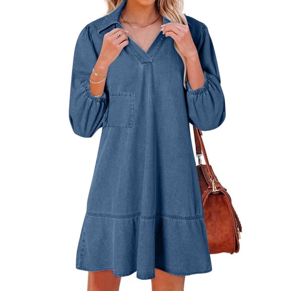 Mifsaly Womens Denim Dress V-Neck 3/4 Puff Sleeve Mini Aline Dresses Tiered Hem Flowy Casual Summer Everyday Office Sundresses M