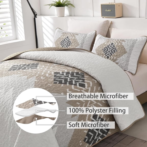 Boho Quilt California King Size,3 Piece Texture Bedspread Coverlet Set Khaki Soft Quilt Set Lightweight Bedding Set Geometric Bohemian Bedspread with 2 Pillowcases(Khaki,96"x112")