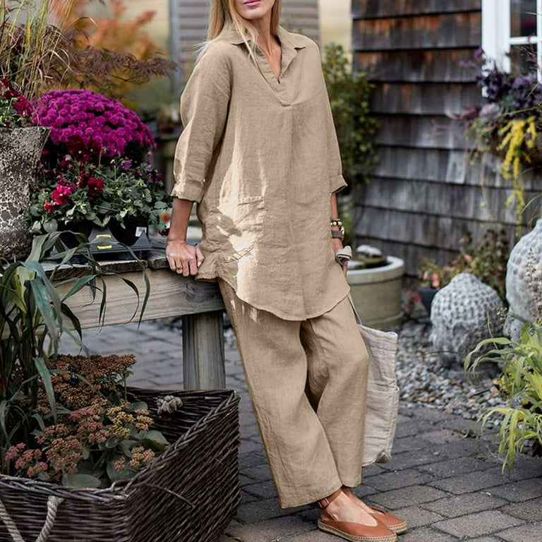 QUYUON Women Linen Pants Sets 2 Piece Outfits Plus Size Long Sleeve V Neck  Tops and Full Length Long Pants Sets Two Piece Outfits Loungewear Casual  Shirt and Pants Suit Set Khaki