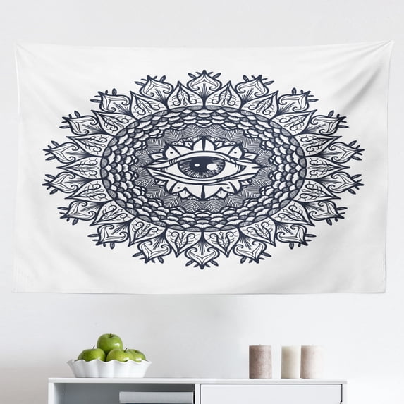 Occult Tapestry, Traditional Abstract Round Mandala Motif Eye in Middle Secret Sight Occult Image, Fabric Wall Hanging Decor for Bedroom Living Room Dorm, 2 Sizes, Grey White, by Ambesonne