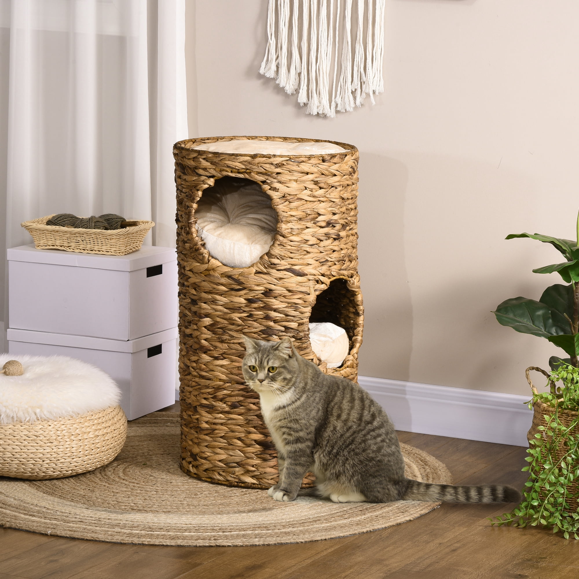 Elevated Cat Bed Tower with 3 Hideaways & 4 Plush Cushions, Multi-Layer Hand-Woven Water Hyacinth Cat Cave, Space-Saving Raised Kitten Resting Perch for Indoor Cats