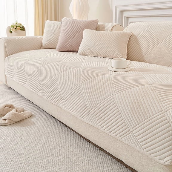 XmhyTop-A Chunky Yarn Soft Fuzzy Sofa Slipcover, 90x90cm Plush Sofa Cover Sectional Couch Protector, Non-Slip Furniture Protector for Living Room,1 Piece,Beige