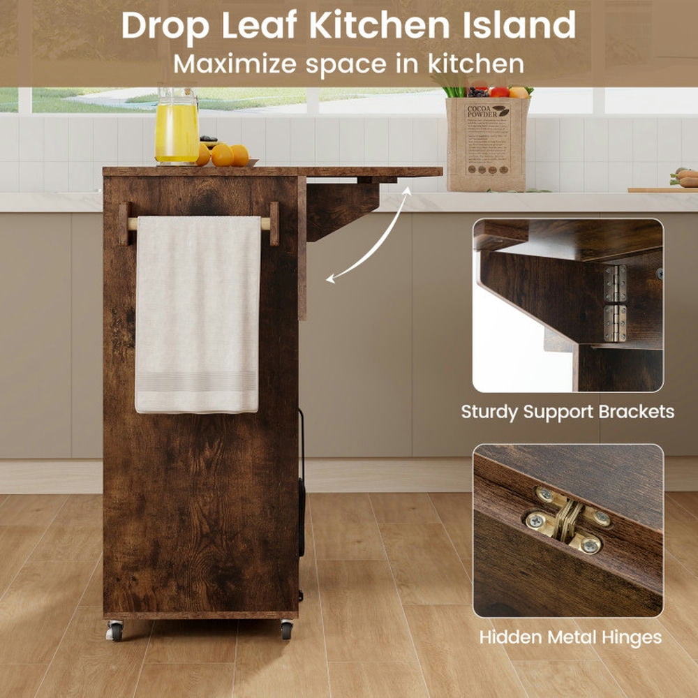 Finihen Rolling Cart, Kitchen Island Cart, Drop Leaf Mobile Kitchen Island Cart with Power Outlet and Adjustable Shelf, for Kitchen, Dining Room, Rustic Brown Finihen Rolling Cart, Kitchen Island Cart, Drop Leaf Mobile Kitchen Island Cart with Power Outlet and Adjustable Shelf, for Kitchen, Dining Room, Rustic Brown