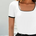 thumbnail image 5 of Ruyang Summer Tops for Women, Women's Short Sleeve Square Neck Color Block T Shirt 2024 Summer Slim Fit Ribbed Knit Basic Tee Tops, 5 of 8