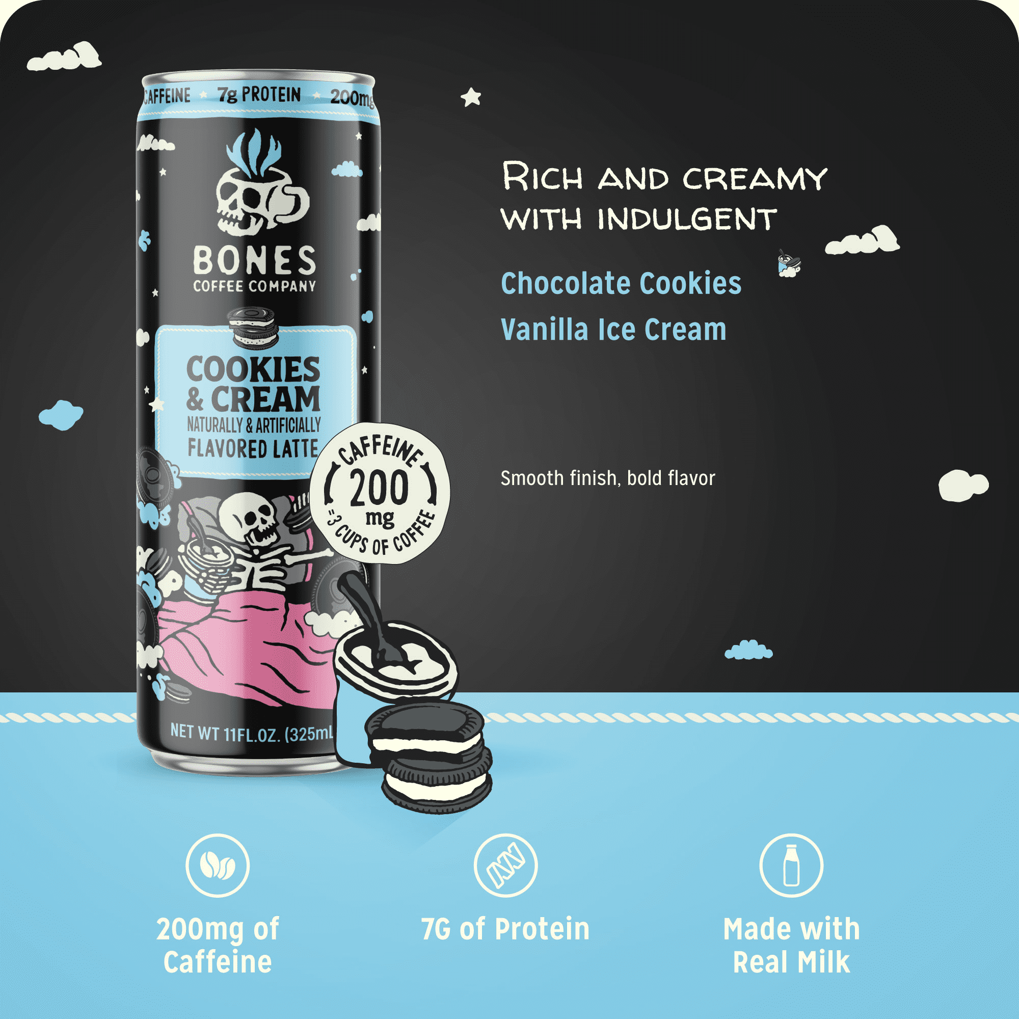 (4 pack) Bones Coffee Company Cookies & Cream Flavored Iced Coffee Latte, Ready To Drink Canned Coffee, 11 fl. oz. Can