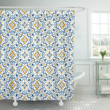 PKNMT Blue Antique Ethnic Patterns in Folk Style Mediterranean and Eastern Orange Waterproof Bathroom Shower Curtains Set 66x72 inch