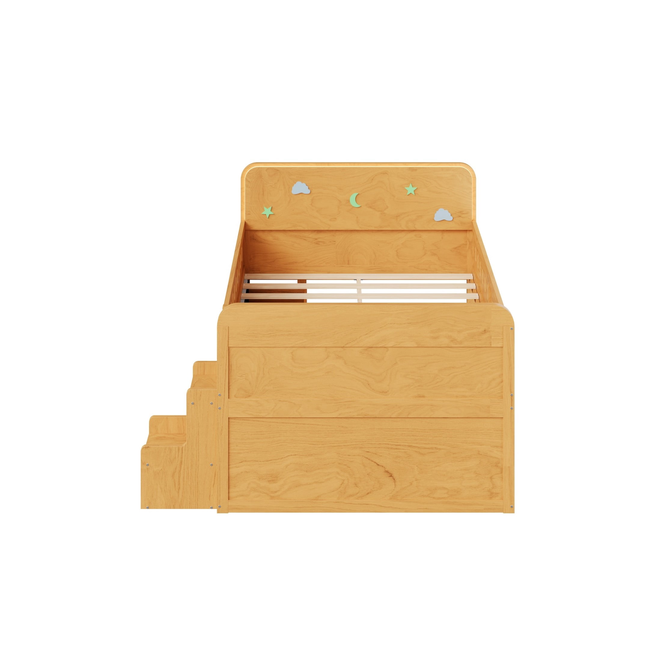 Noble House Halden Full Size Wooden Bed, Integrated LED Lighting and 4 Storage Drawers with Ladder, Natural
