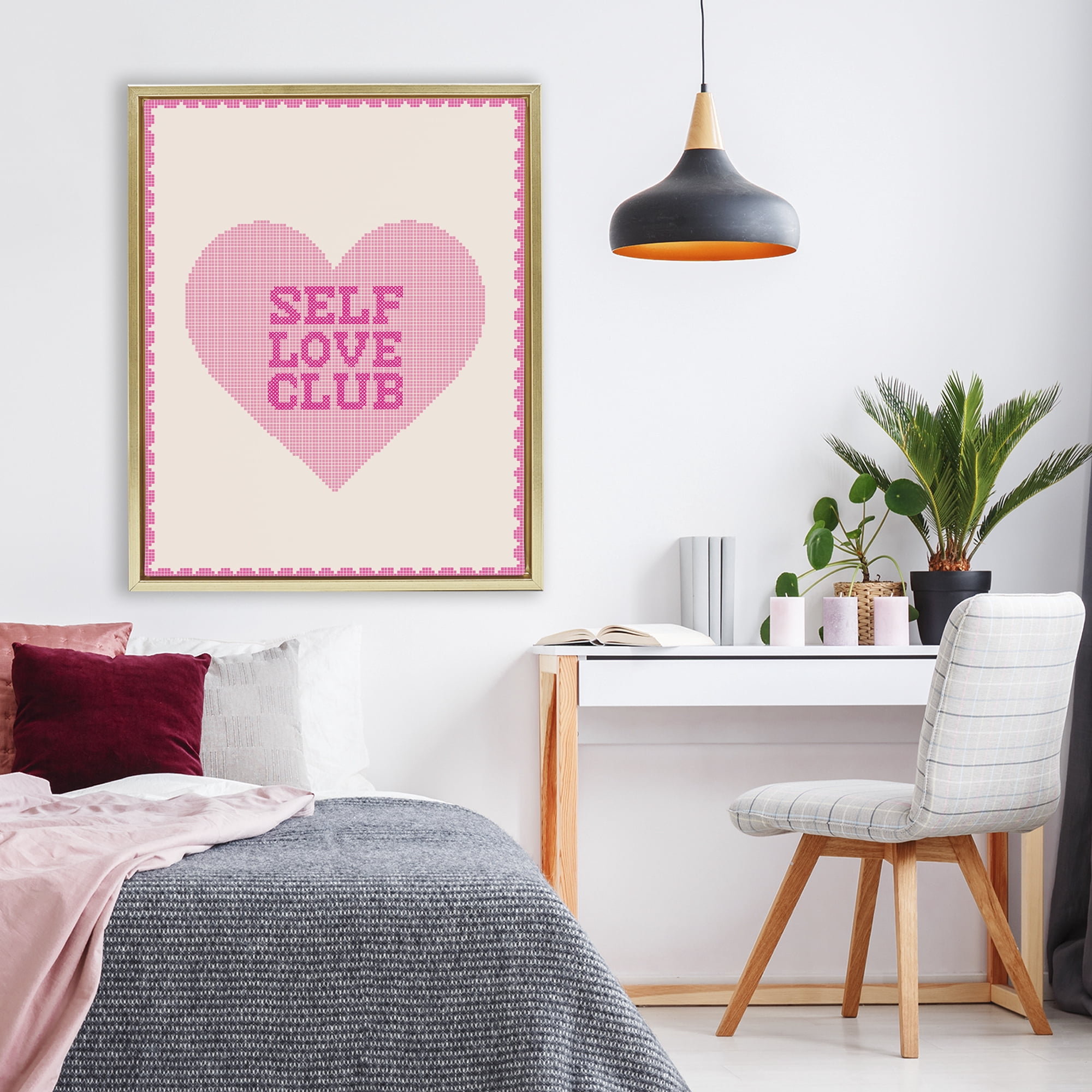 Stupell Industries Self Love Club Pixel Heart Gold Framed Floater Canvas Wall Art, design by Lil' Rue