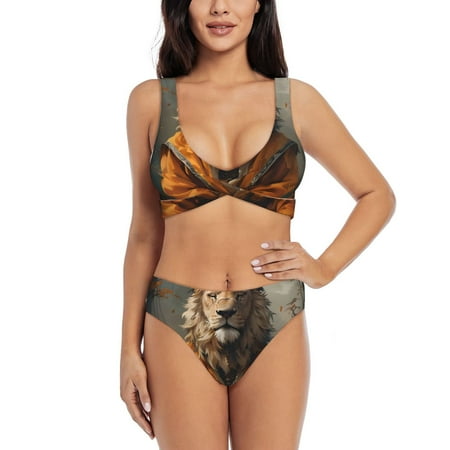 Zeuib Jungle Meditating Lion High Waisted Tummy Control Bikini Set - Knot Front Push Up Top & Cheeky Thong Bottom  Two-Piece Swimsuit for Women-Small