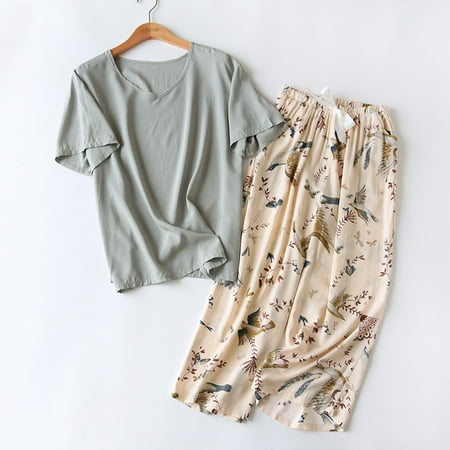 

Breathable 2PCS Pajama Short Sleeve Printed Pijama Mujer Femme Loose Nightwear Suit Female Casual Homewear Pajama Set For Women