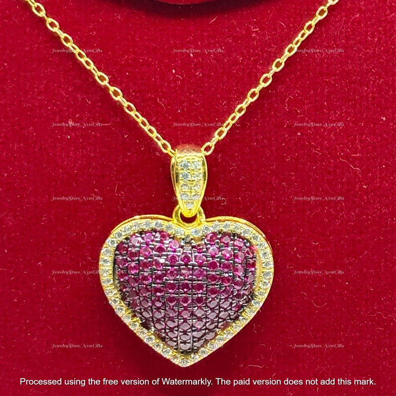 2.00Ct Round Cut Lab-Created Ruby Heart Pendant Necklace | 14K Yellow Gold Plated Sterling Silver | 18" Free Chain | Romantic Jewelry Gift for Her