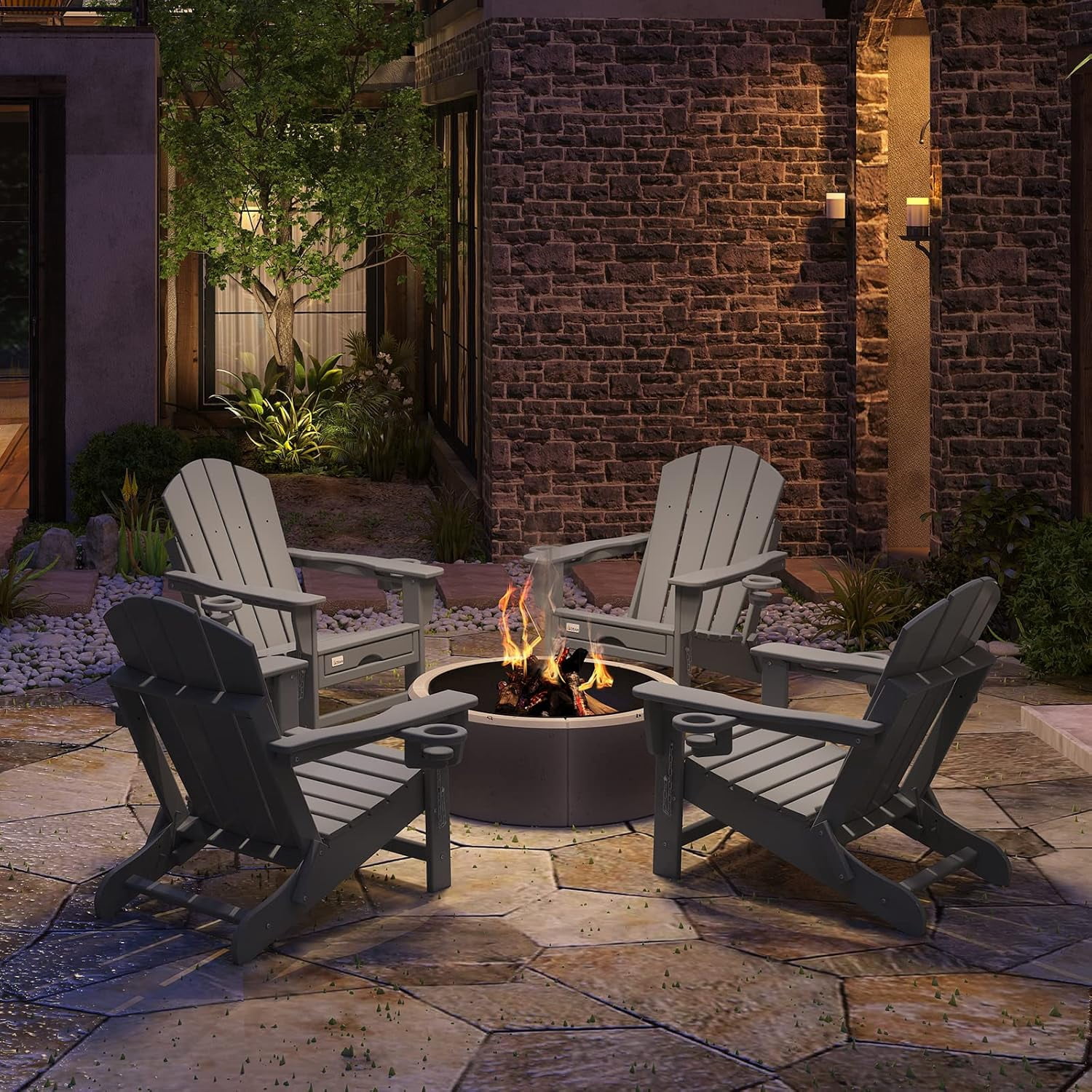 Erinnyees Folding Adirondack Chair with Retractable Ottoman, HDPE All-Weather Fire Pit Chair with 2 Cup Holders, Outdoor Chair for Deck Patio Garden Backyard Lawn