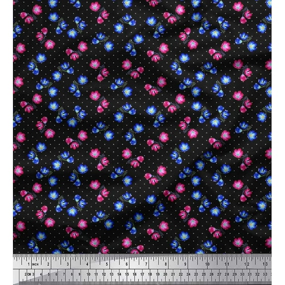 Soimoi polyester Crepe Fabric Dot,Blue & Pink Flower Floral Print Sewing Fabric Yard 42 Inch Wide