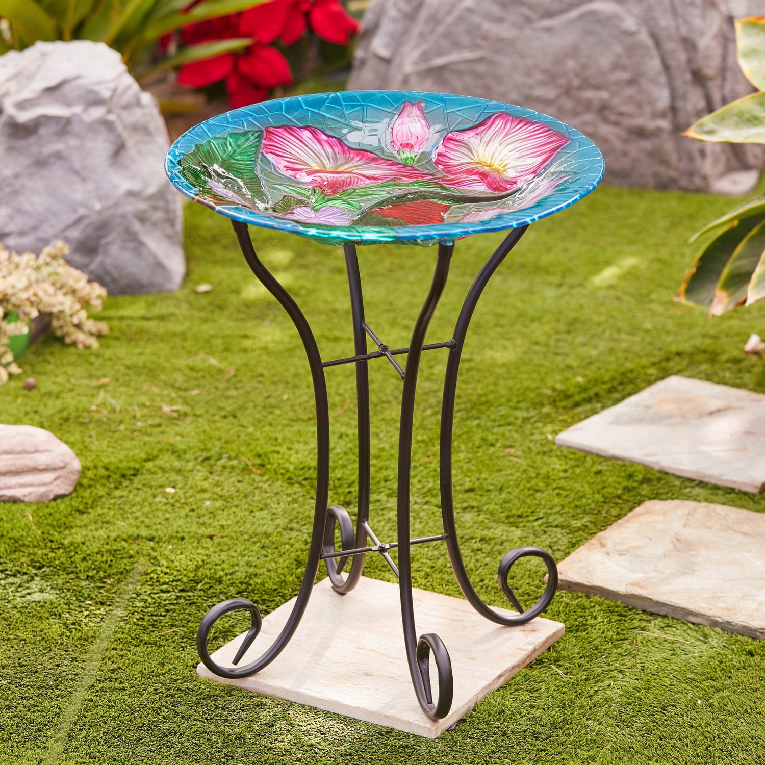 LuxenHome Hummingbird Floral Glass Birdbath with Metal Stand