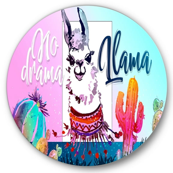 Designart 'No Drama and Colorful Llama' Children's Art Circle Metal Wall Art 36x36 - Disc of 36