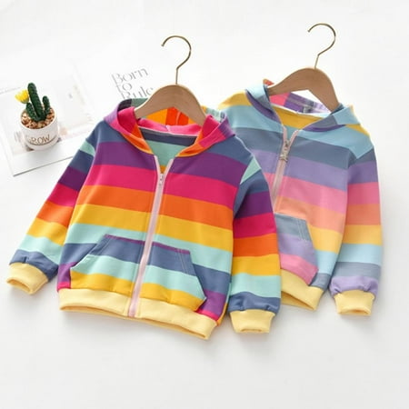 

BULLPIANO Baby Kid Girl Hooded Jacket Rainbow Stripes Sweatshirts Coat Tops Zip Hoodie Outerwear Clothes