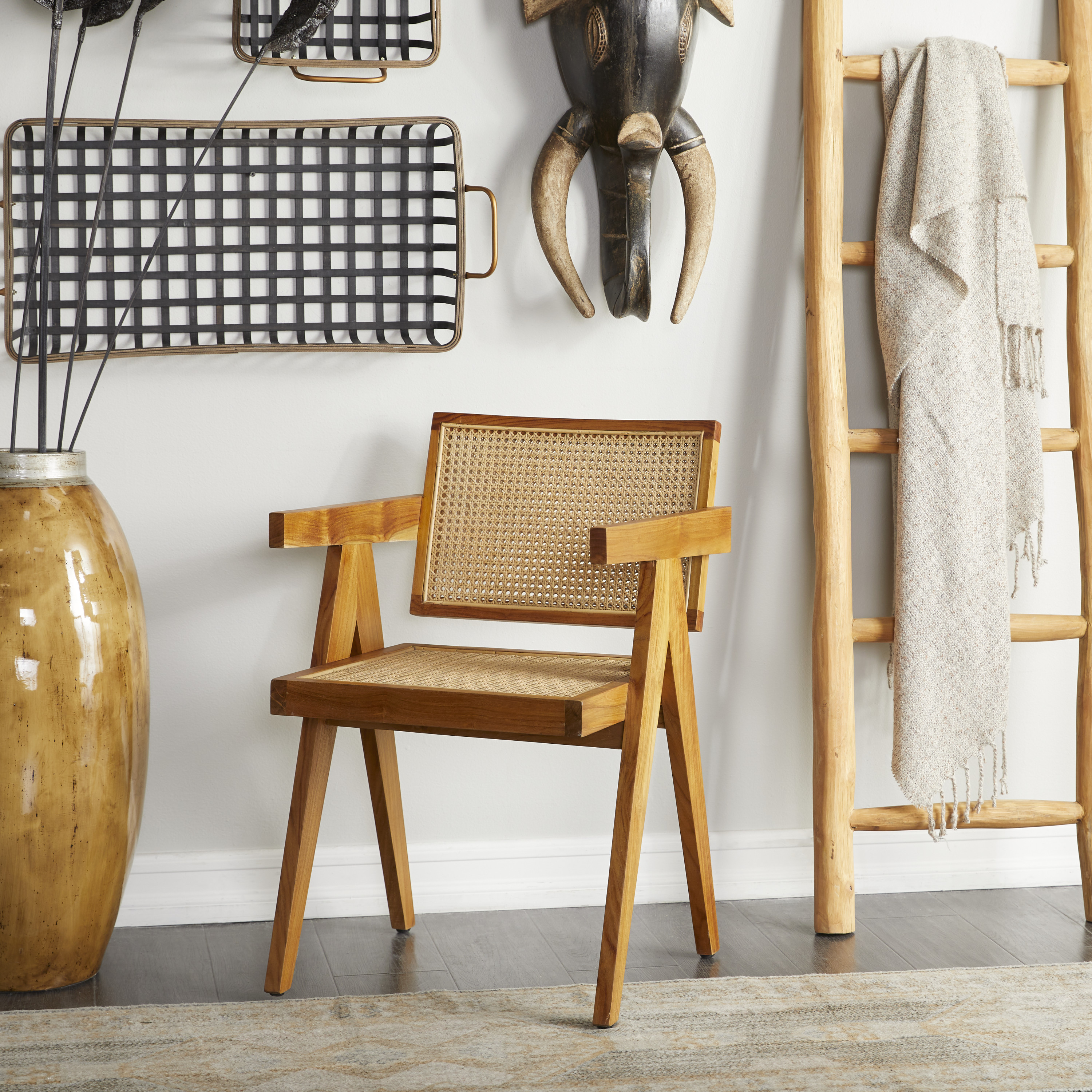DecMode Teak Wood Woven Lounge Chair with Armrests, Brown
