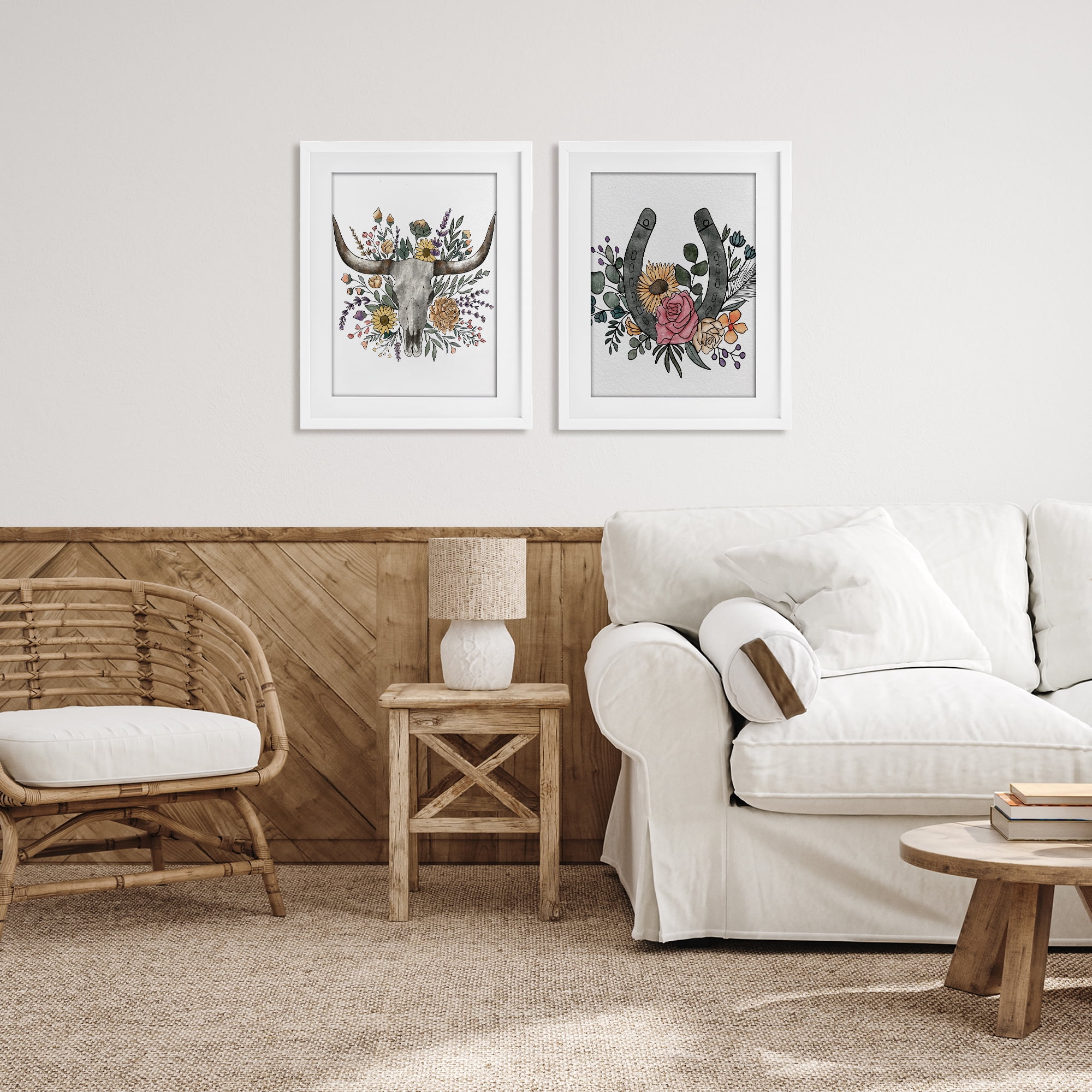 Stupell Industries Boho Longhorn & Horseshoe 2 Piece White Framed Print Under Glass Set, design by Alisha Kiara Design
