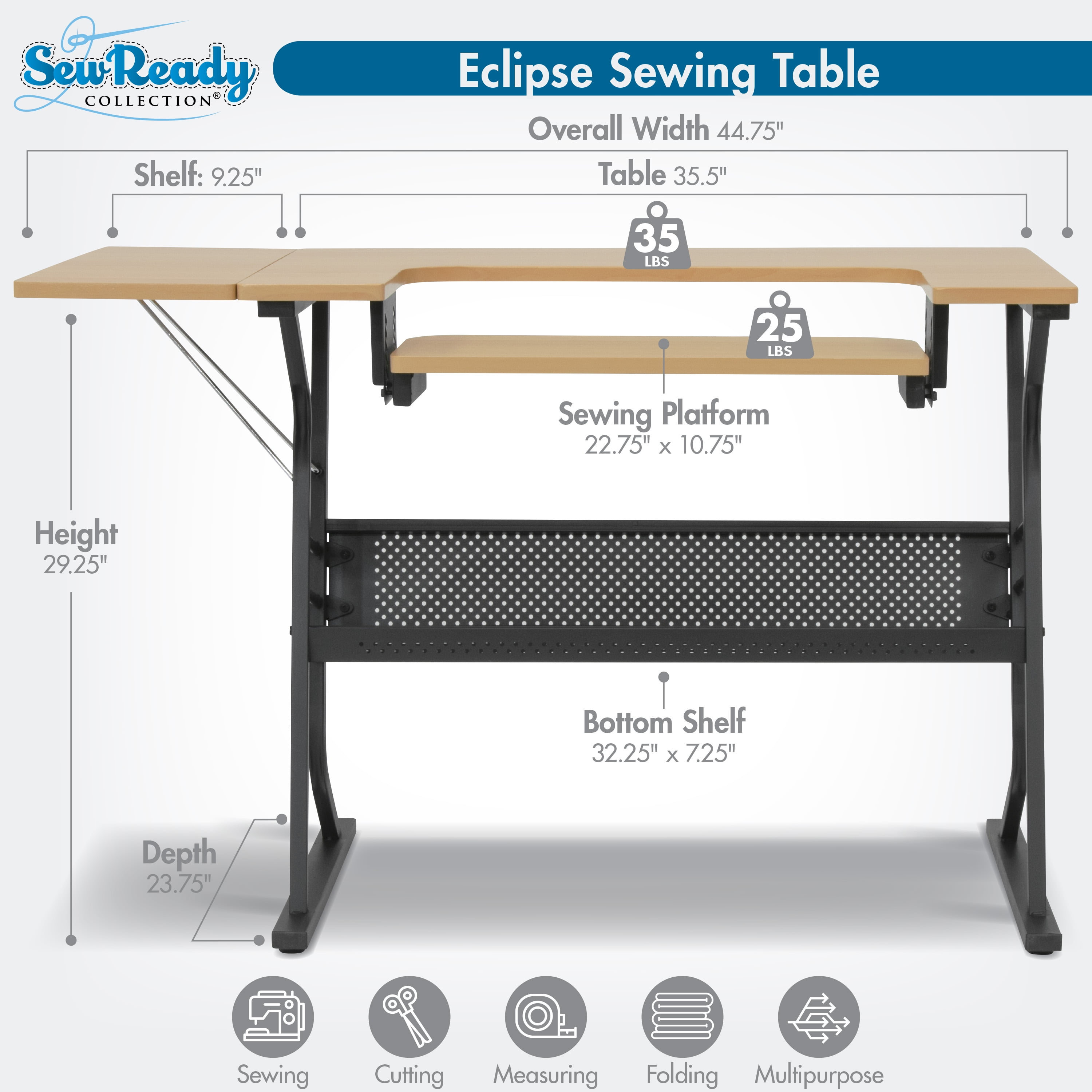 Sew Ready Eclipse Sewing and Craft Table with Adjustable Platform in Black / Maple