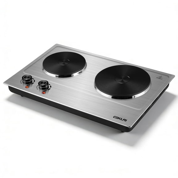 Coklai 1800W Portable Double Burner Hot Plate – Stainless Steel Countertop Electric Cooktop with Dual Cast Iron Heating Plates, Easy-to-Clean Silver Design, 2026 Version