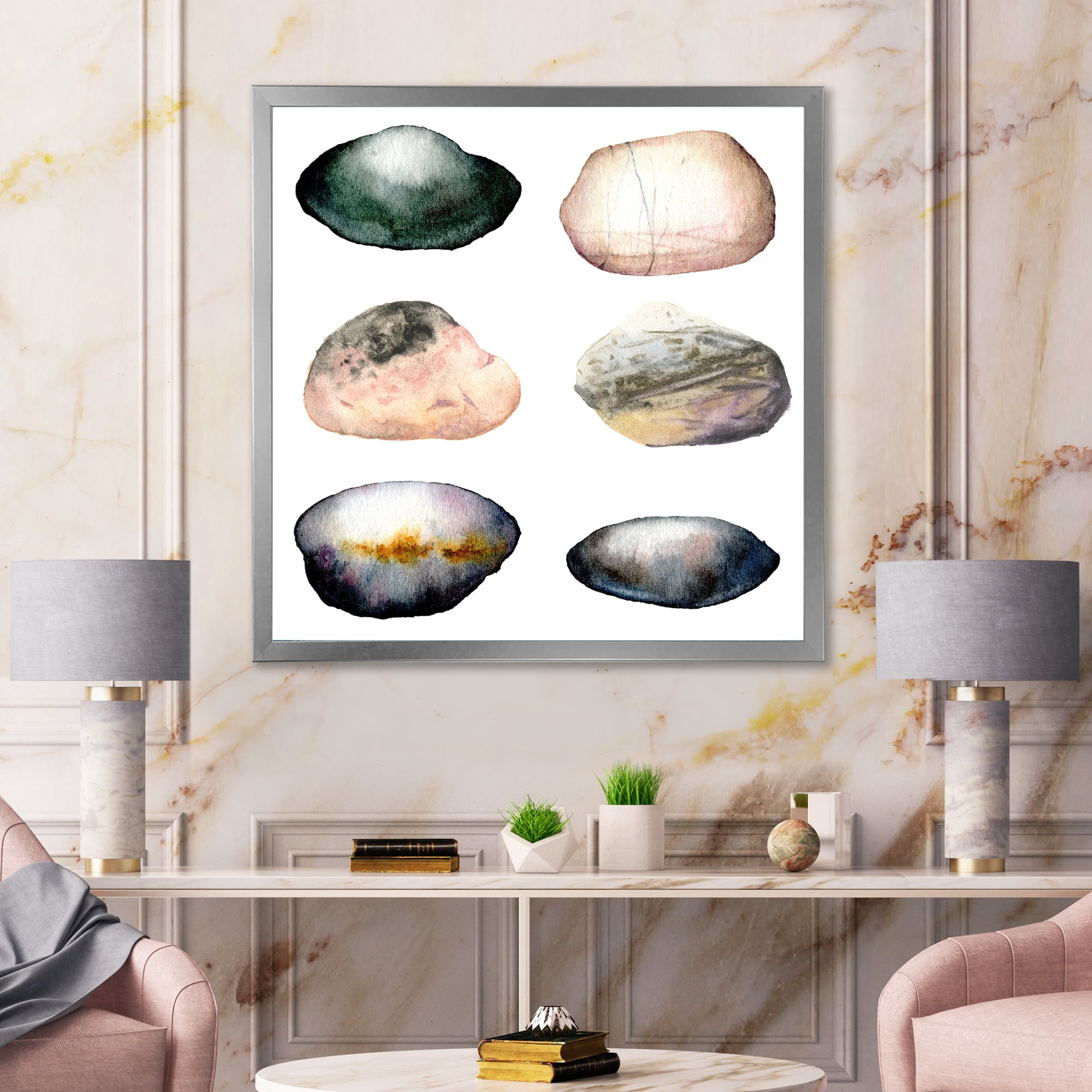 Designart 'Six Abstract Sea Stones On White' Nautical & Coastal Framed Art Print