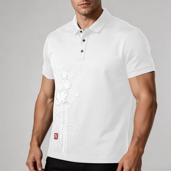 JOANKDMI Short Sleeve Shirts for Men Floral Embroidered Golf Tops Casual Vintage Style Graphic Tees Breathable Athletic Pullover for Work Business Summer Vacation, S-4XL