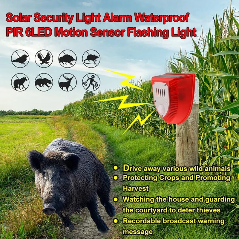 Solar Alarm Motion Detector with Sound Outdoor Motion Sensor 129db Barking Dog Strobe Light Gunshot Sound Alarm Detector Noise Maker Warning Lamp for Home Villa Yard Farm