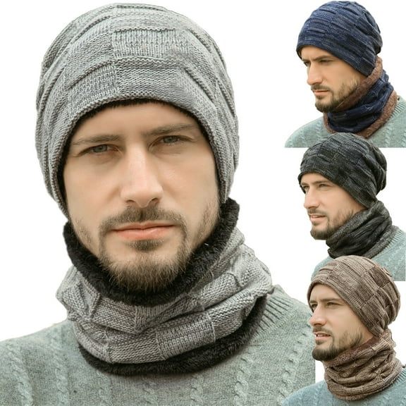 Windfall Men Winter Beanie Hats Scarf Set Warm Knit Hats Skull Cap Neck Warmer with Thick Fleece Lined Scarf