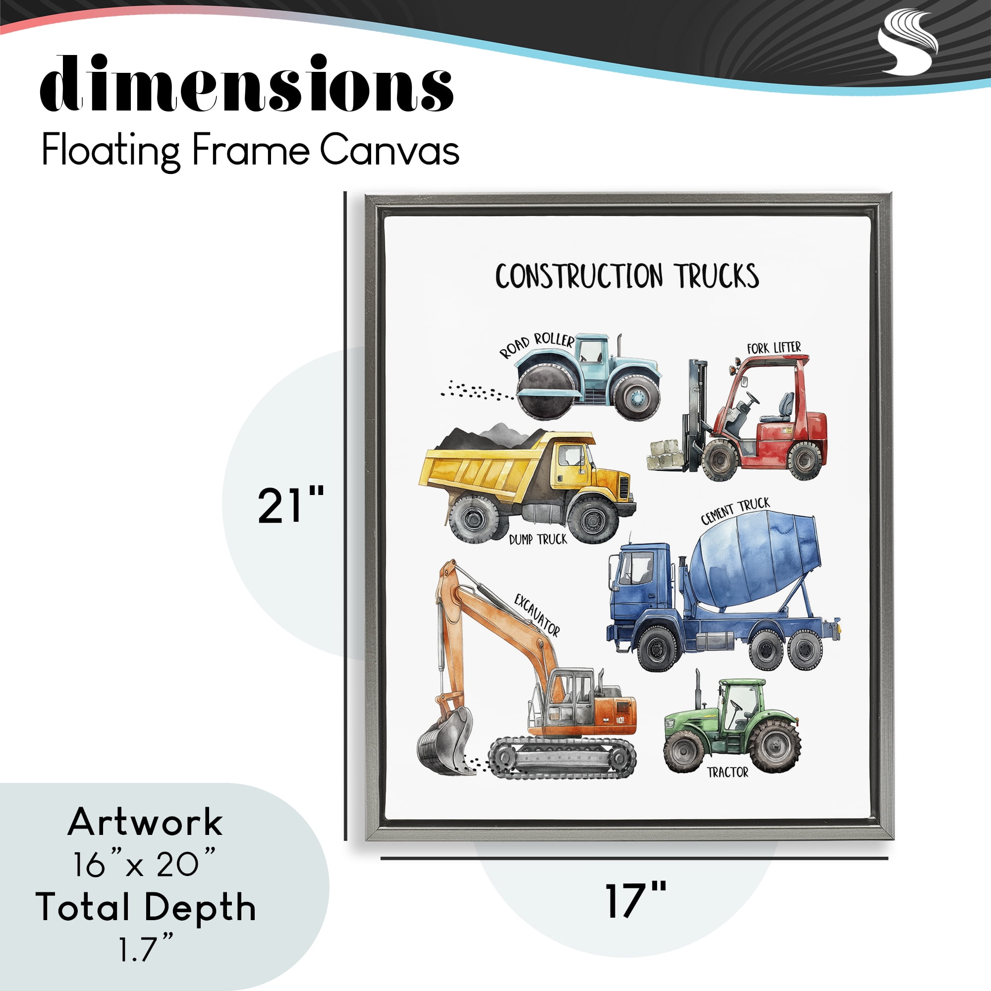 Construction Trucks Machinery Gray Framed Floater Canvas Wall Art, design by Christine Simpson Art