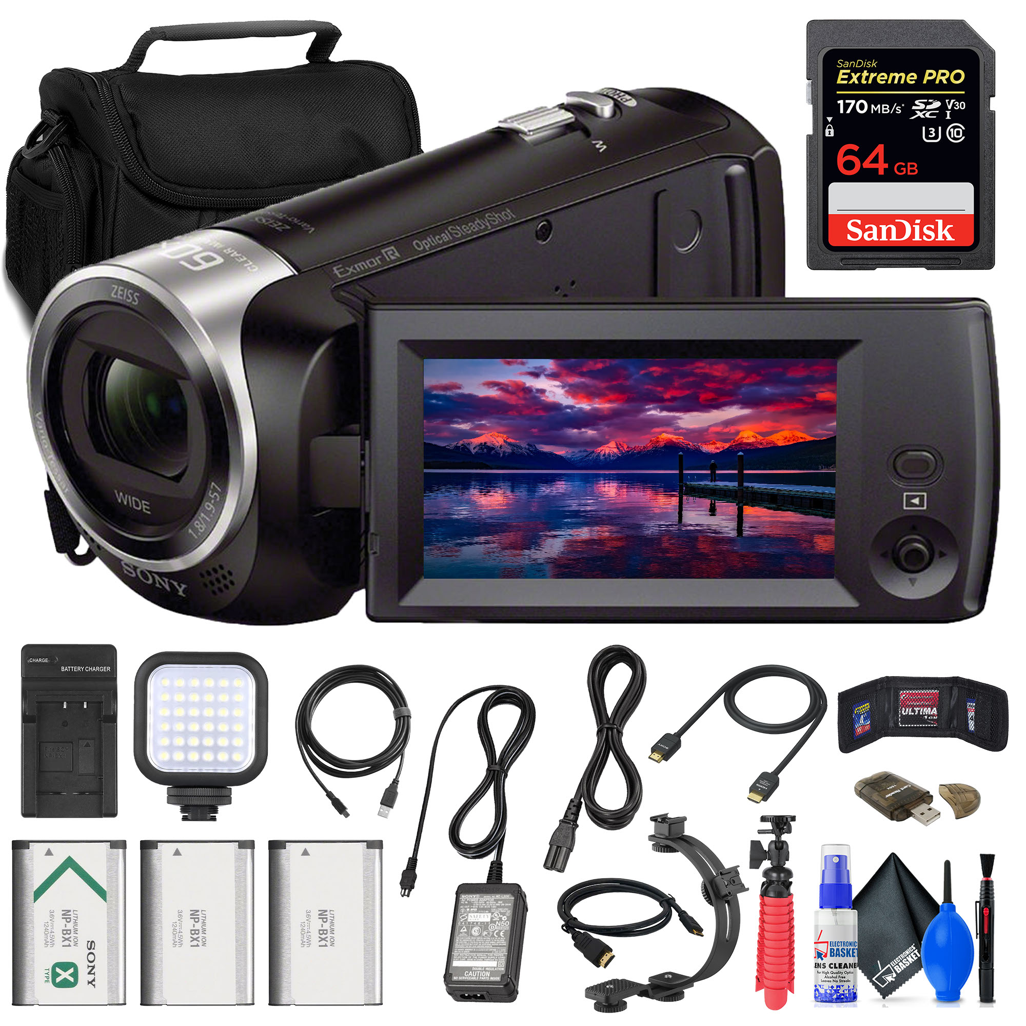 Sony HDRCX405 HD Handycam + 64GB Card + Bag + 2 x NPBX1 Battery