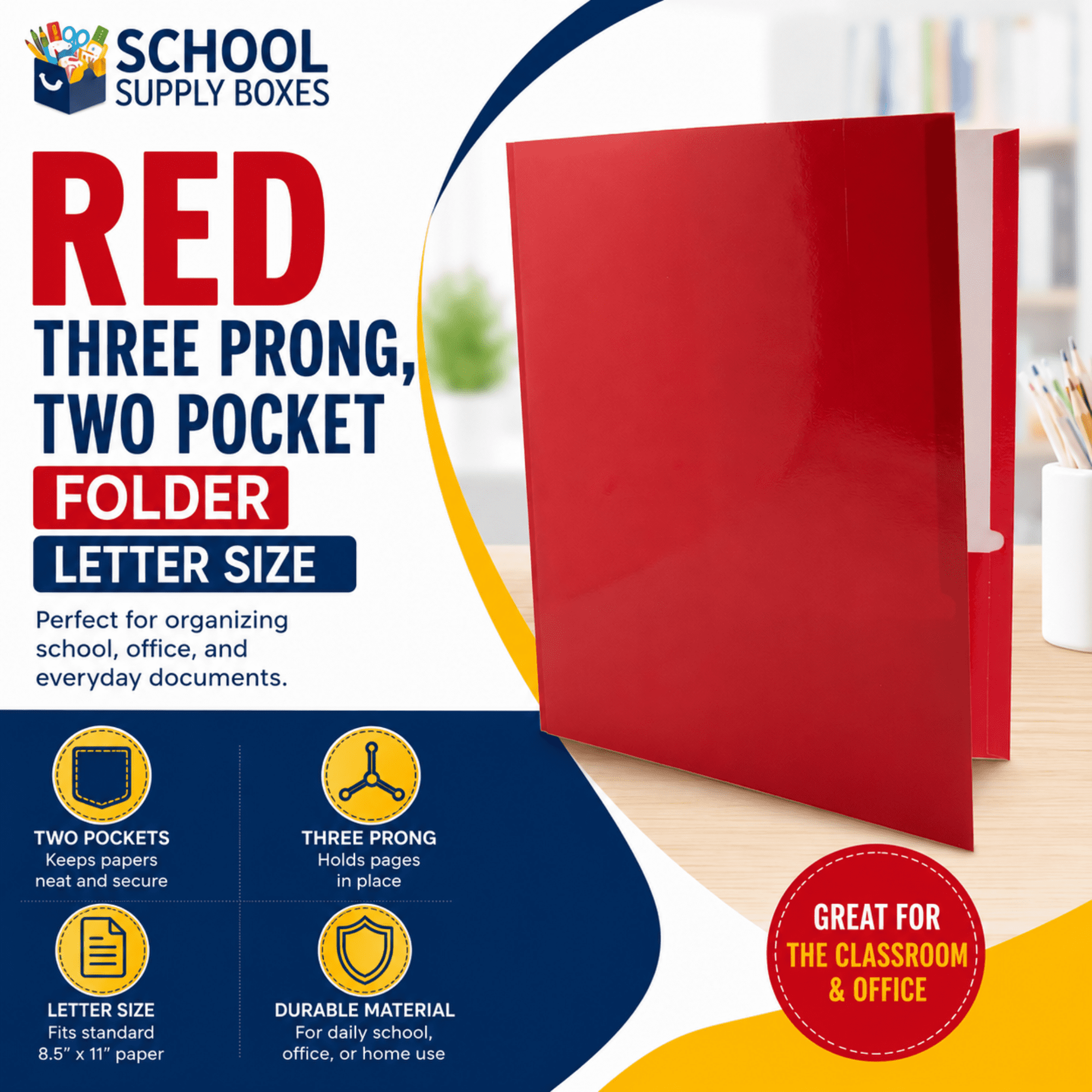 School Supply Boxes | (Red) Three Prong, Two Pocket Folders | 200 Pack | Letter Size Folders for the Classroom & Office