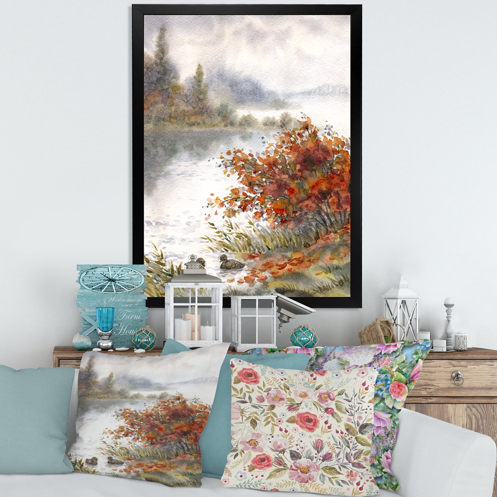 Designart 'View Of The Lake In Autumn Colored' Traditional Framed Art Print