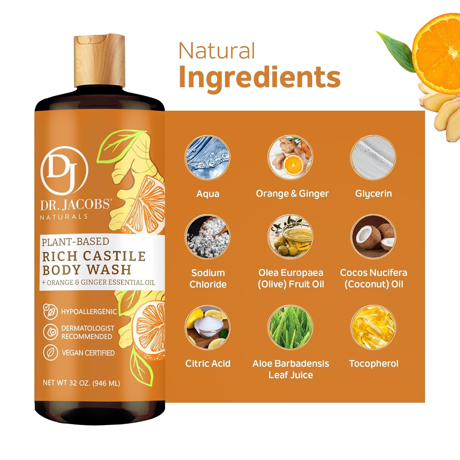 Dr Jacobs Naturals Castile Soap Body Wash Plant Based Liquid Soap, Orange & Ginger 32 Oz 2-Pack