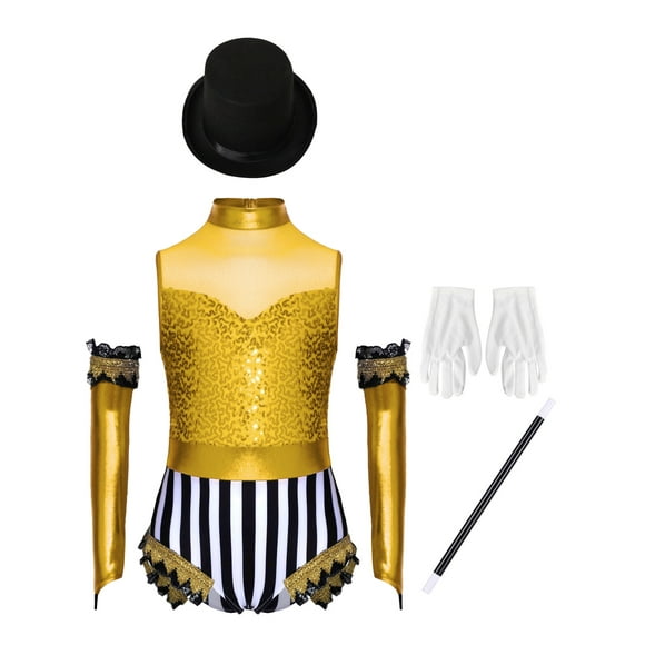 YiZYiF Girls Ringmaster Performance Wear Sequins Bodysuit Gloves Hat 5 Piece Set for Trapeze Show Yellow 16