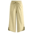 thumbnail image 5 of BUIGTTKLOP Capris Pants for Women Cotton Casual Summer Wide Leg Drawstring Elastic Trousers Side Split Beach Vacation Cropped Pants, 5 of 6