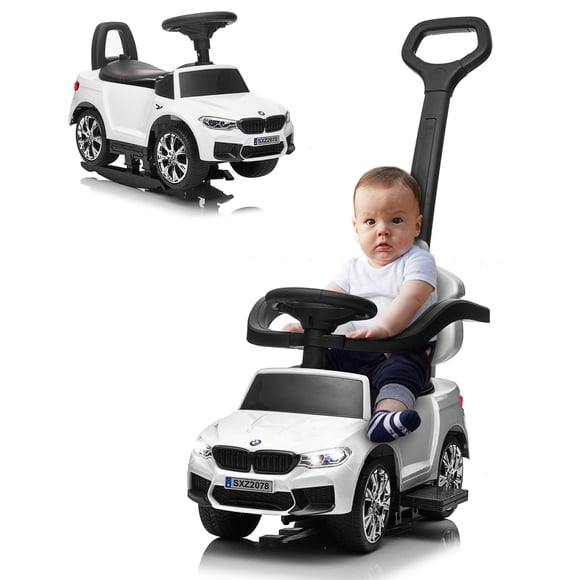 VOLTZ TOYS BMW M5 4-in-1 Push Car for Toddlers, Foot-to-Floor Ride-On Baby Walker with Removable Push Bar, Manual Glide Sliding Toy with Leather Seat & Rocking Rails, White