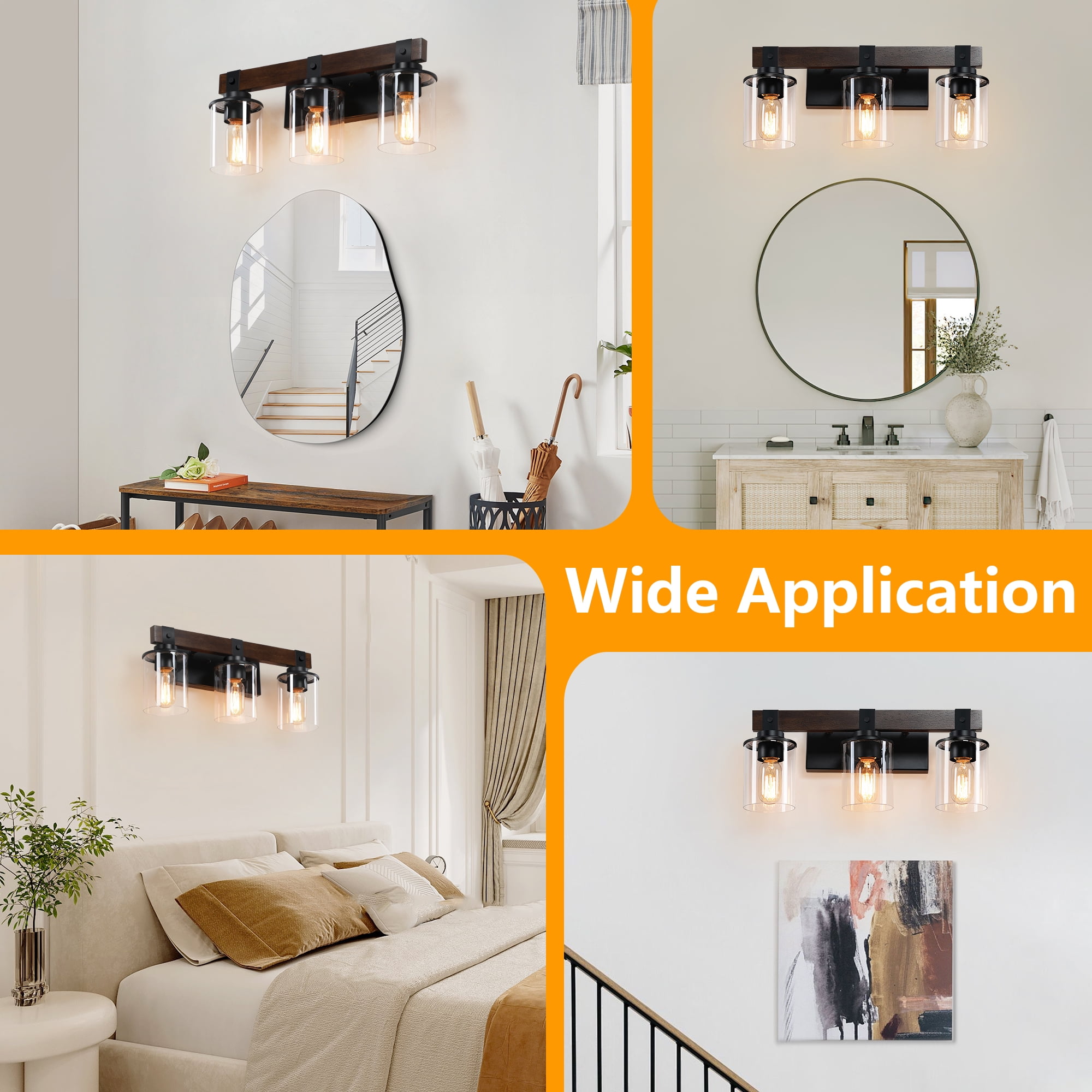 GCGAFUL Farmhouse Bathroom Vanity Light, 18.5 Inch 3-Light Black and Walnut Wall Sconce with Clear Glass Shades, Dimmable E26 Base