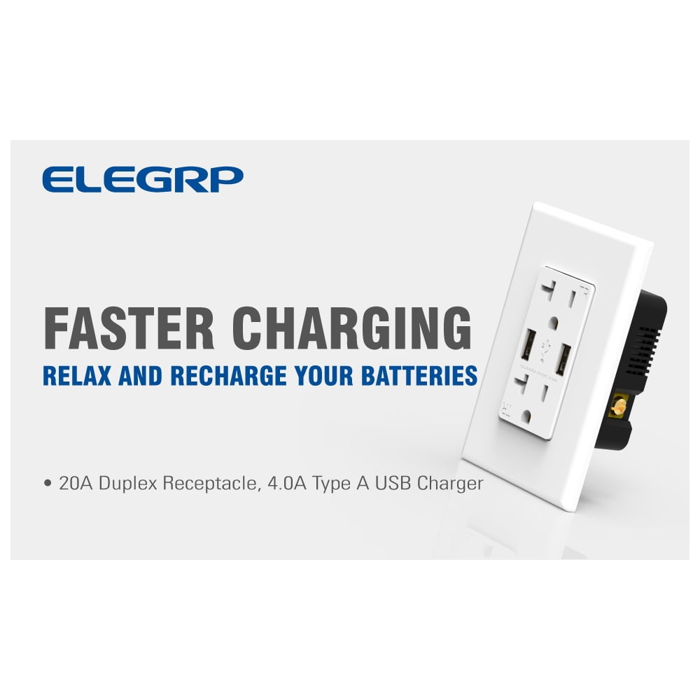 ELEGRP USB Wall Outlet Receptacle with Dual 4.0 A USB Ports, 20 Amp Duplex Tamper Resistant Receptacle, Charging Power Outlet with USB Ports, Wall Plate Included, UL Listed, 6PC, White