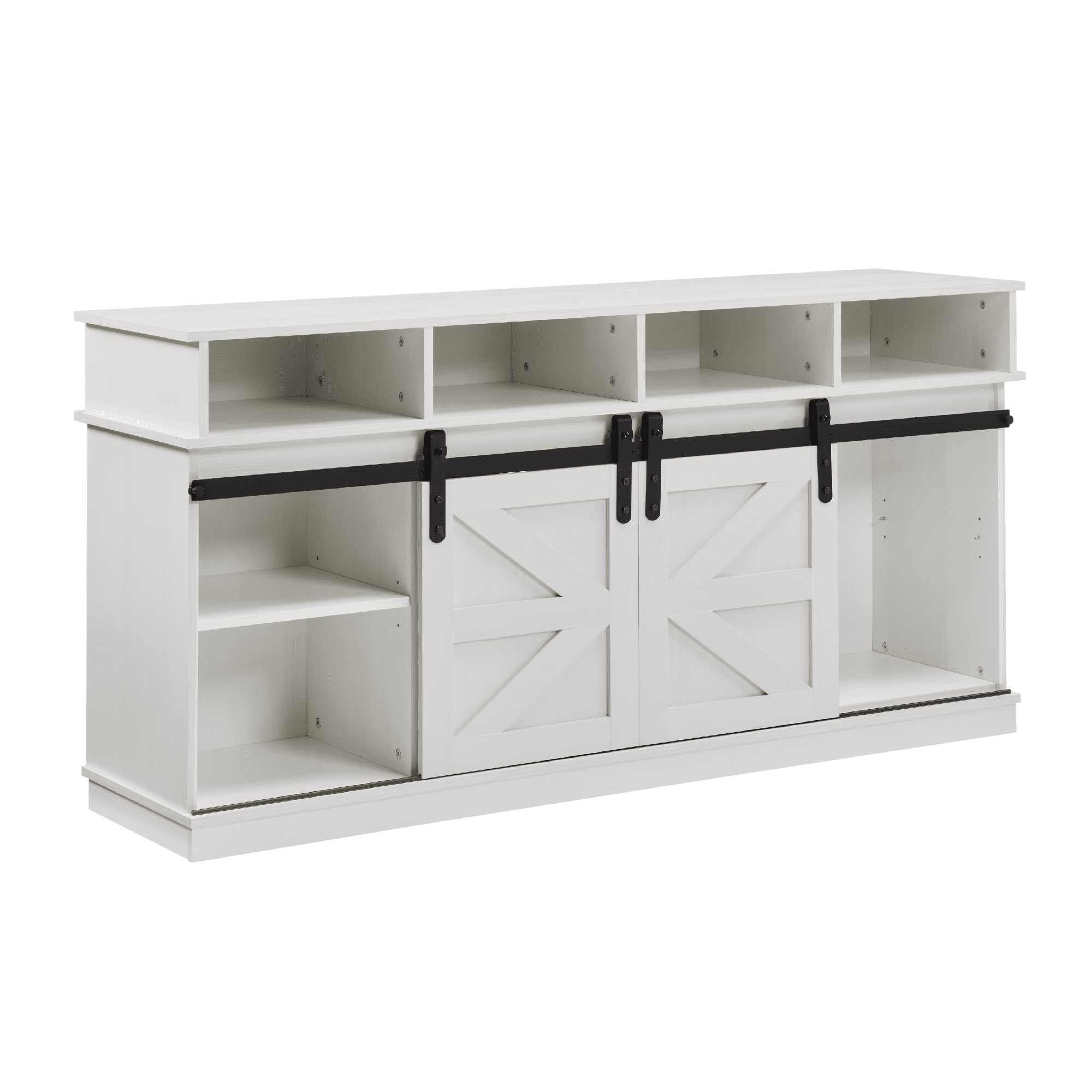 MAYEERTY Modern TV Stand with Sliding Barn Door, Farmhouse Wood Storage Cabinet with Adjustable Shelves for TVs Up to 65", White