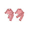 thumbnail image 2 of Cjfdfy Toddler Baby Girl Boy Christmas Satin Pajamas Tree Santa Claus Print Long Sleeve Ruffle Trim striped Shirt Pants Kids Baby Cute My First Christmas Holiday Sleepwear 1-6Y, 2 of 9